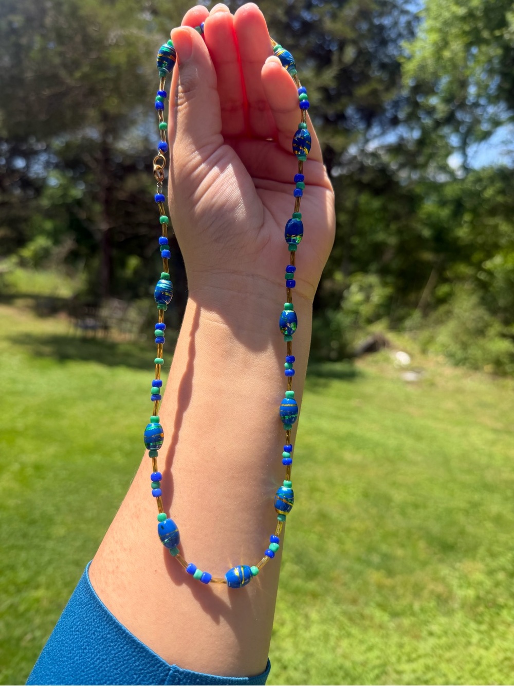 Blue Beaded Necklace with Green Accents - Women's Jewelry